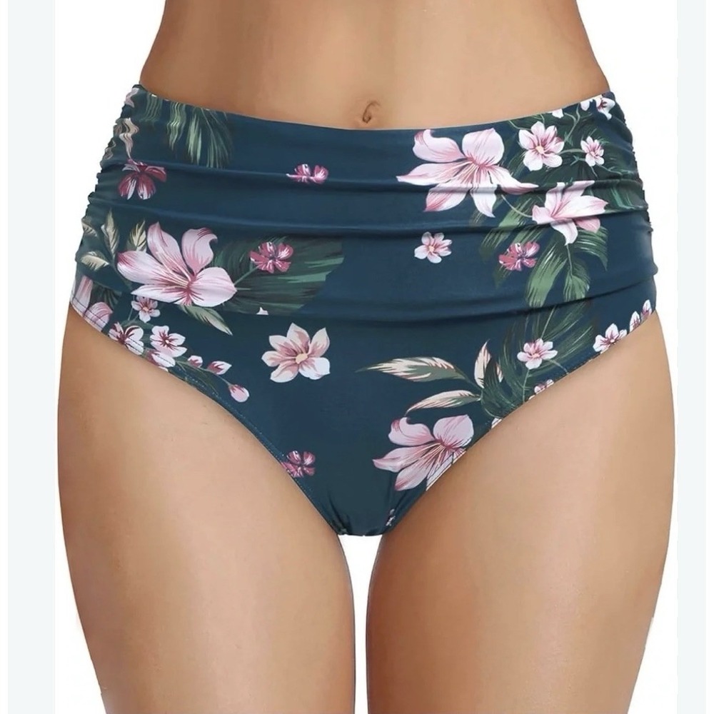 Tempt Me L High Waist Bikini Bottom Blue Floral Ruched Tummy Control Swim NWOT